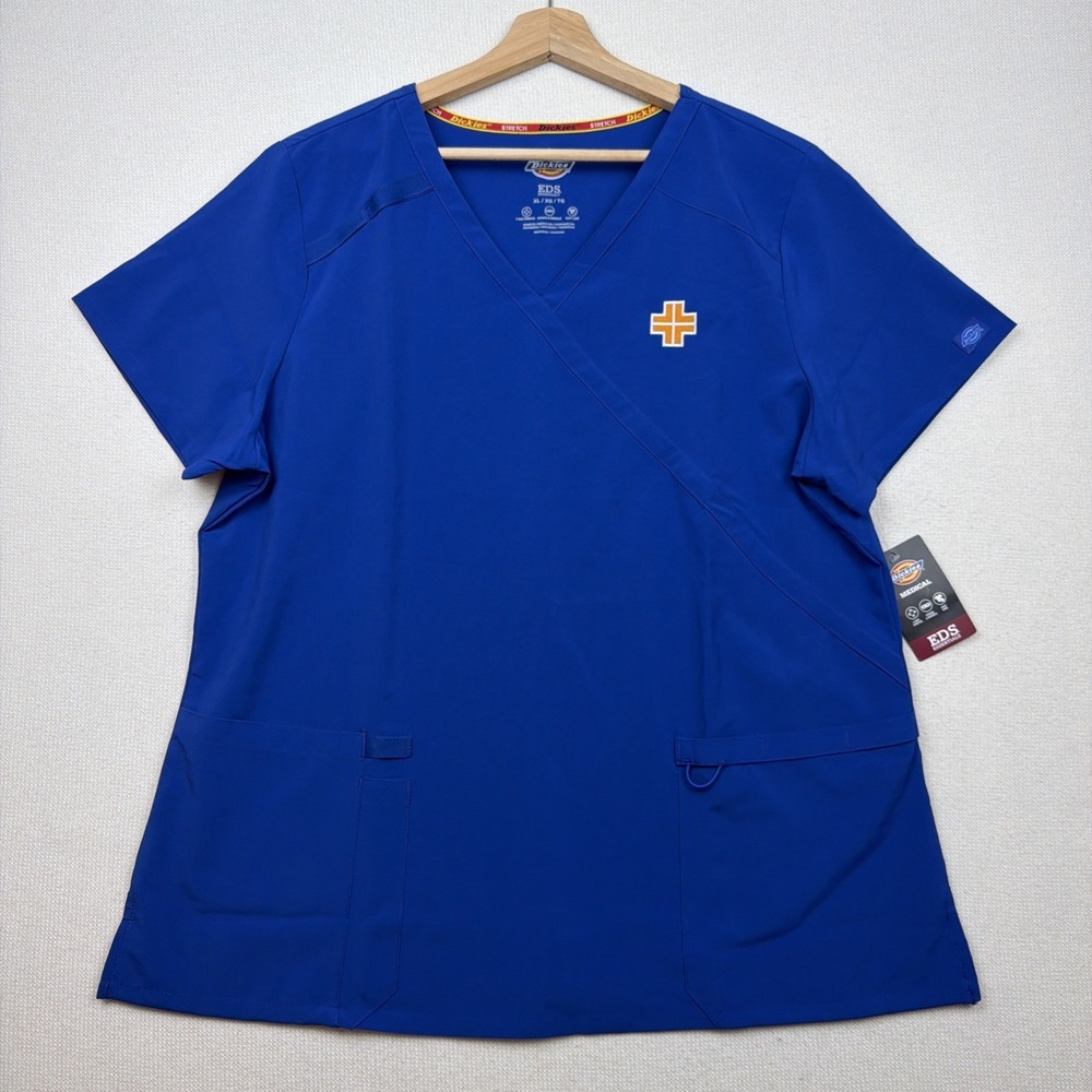Dickies EDS Essentials Women's V-Neck Scrub Top XL Short Sleeve Stretch Blue NWT